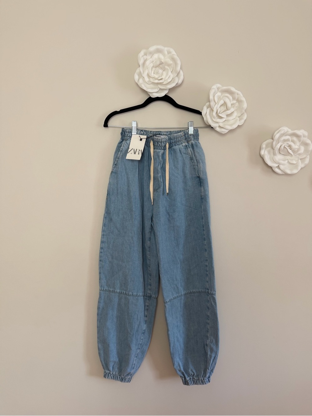 Zara Light Blue Drawstring Denim Joggers